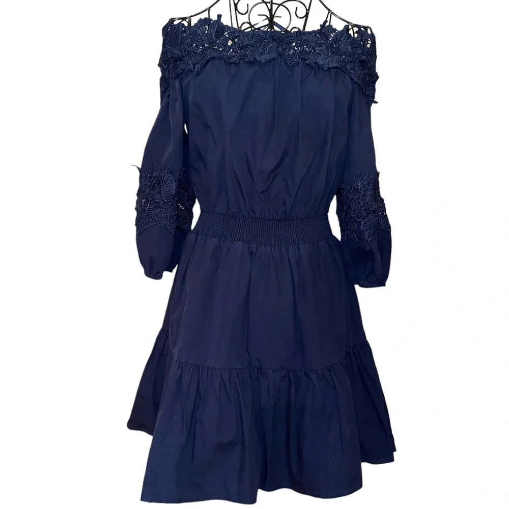 Navy Blue Off-Shoulder Cotton  Dress - Picture 6 of 6
